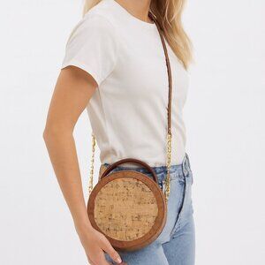 Anne Klein Brown And Gold Cork Circle Round Crossbody Bag